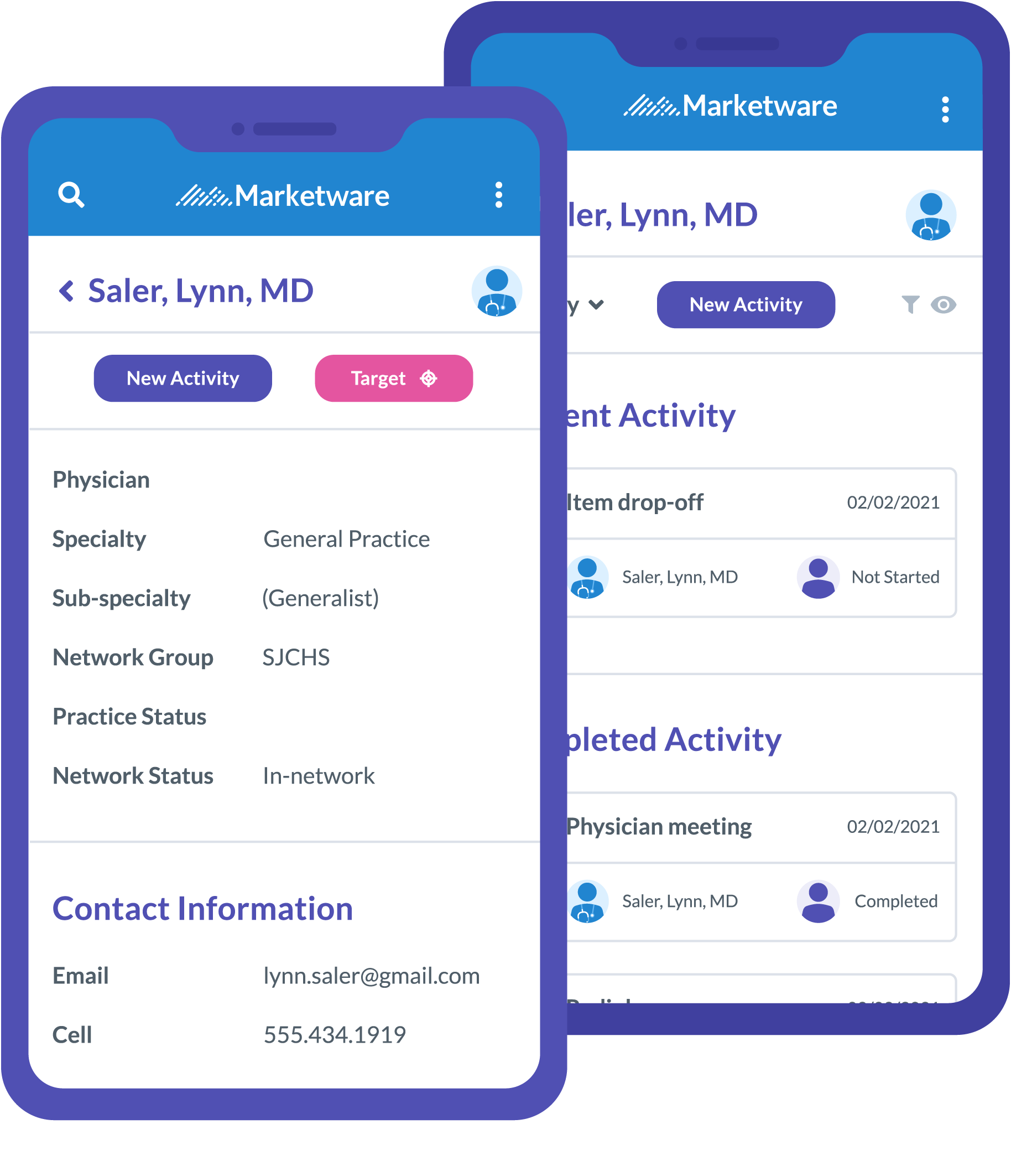 Marketware screenshot: Physician Relationship Management — Our mobile-friendly solutions give liaisons the flexibility to work within the product while out in the field, ensuring tasks and notes are current.