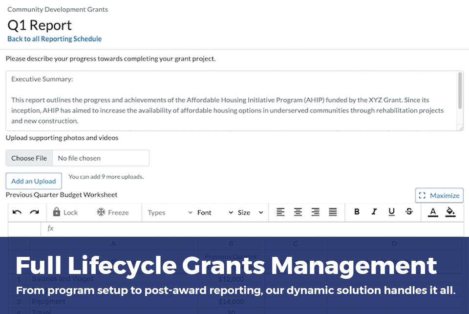 Full Lifecycle Grants Management: from program setup to post-award reporting, our dynamic solution handles it all. 