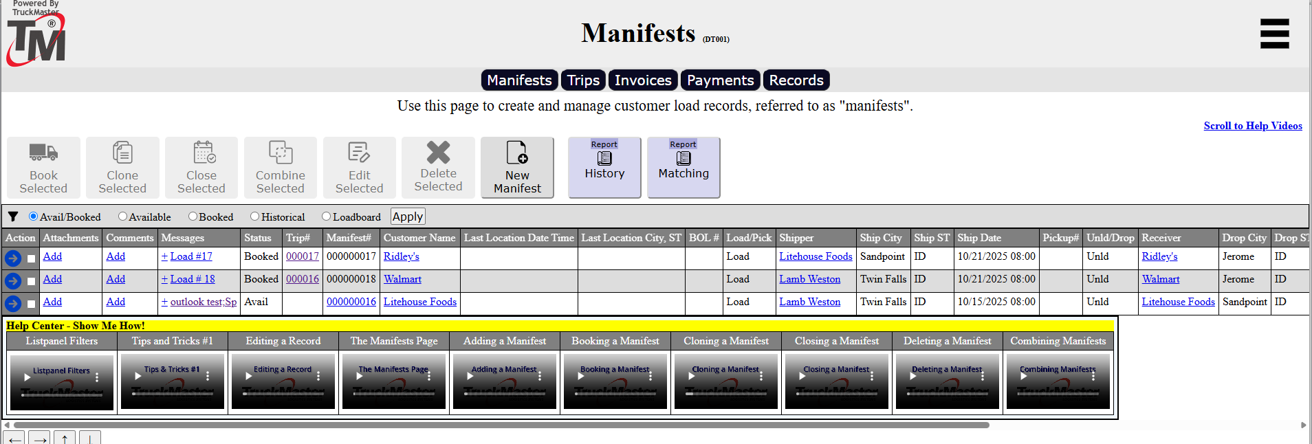 TruckMaster screenshot: The Manifests menu provides a centralized view of customer load records, including trips, invoices, and driver assignments. Users can book, edit, and manage manifests with intuitive tools and tutorials.