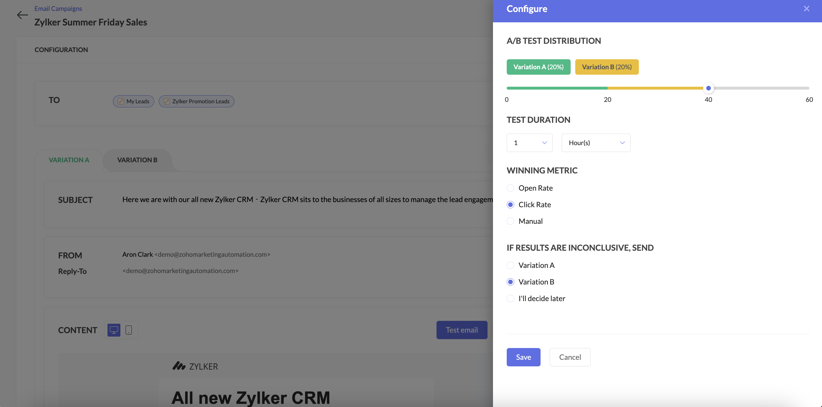 Zoho Marketing Automation Software - A/B test your campaigns for an optimised performance. Know whats working, what's best and things to avoid while running a campaign.