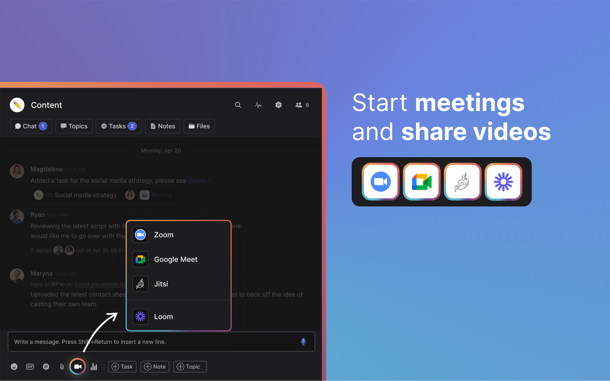 Start a meeting or record a video with the Meetings mini-app. Rock integrates with Zoom, Google Meet, Loom and Jitsi so you can stay connected with your team at all times.