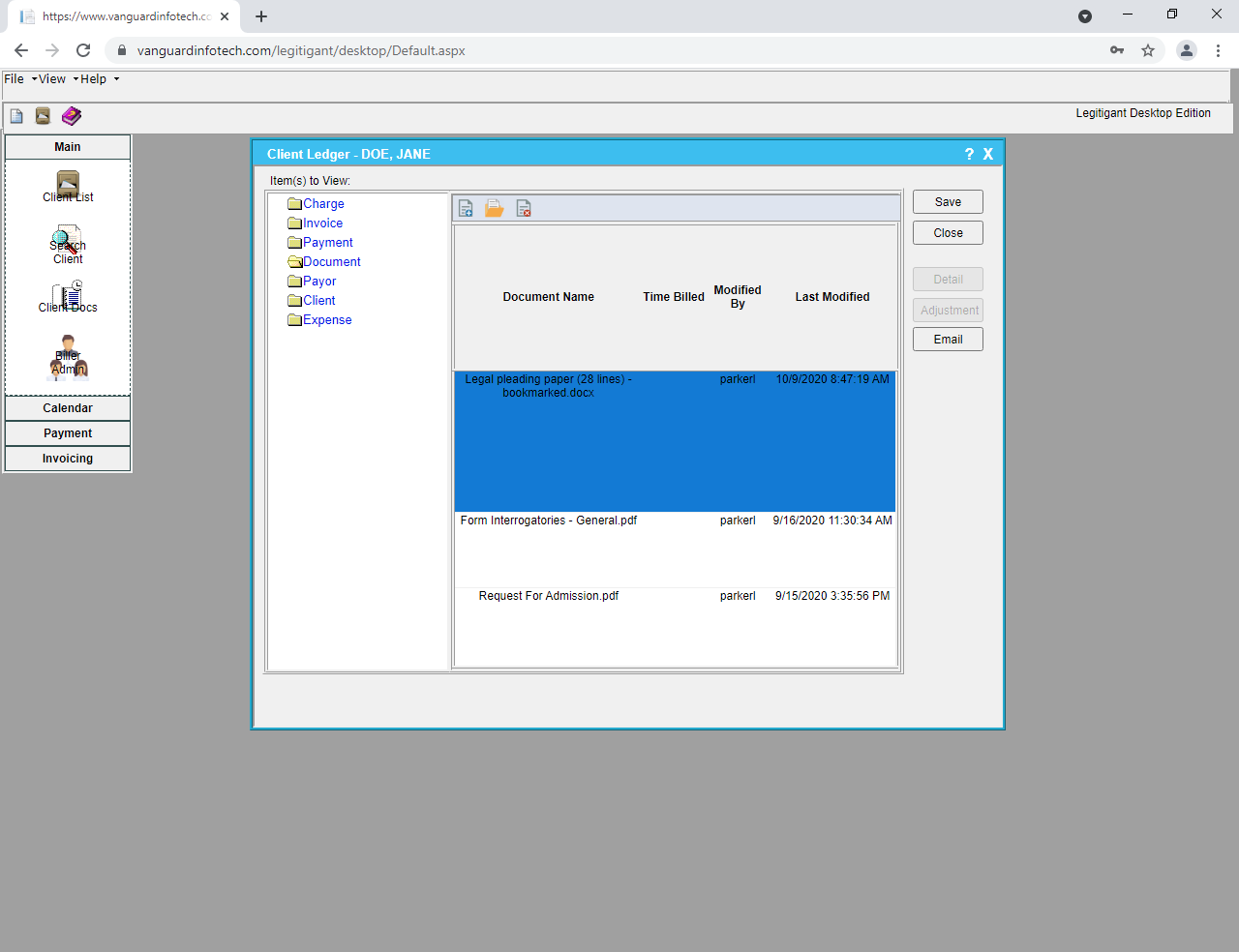 Legitigant Billing Management screenshot: Store client documents n Legitigant and then bill clients when working on their documents i