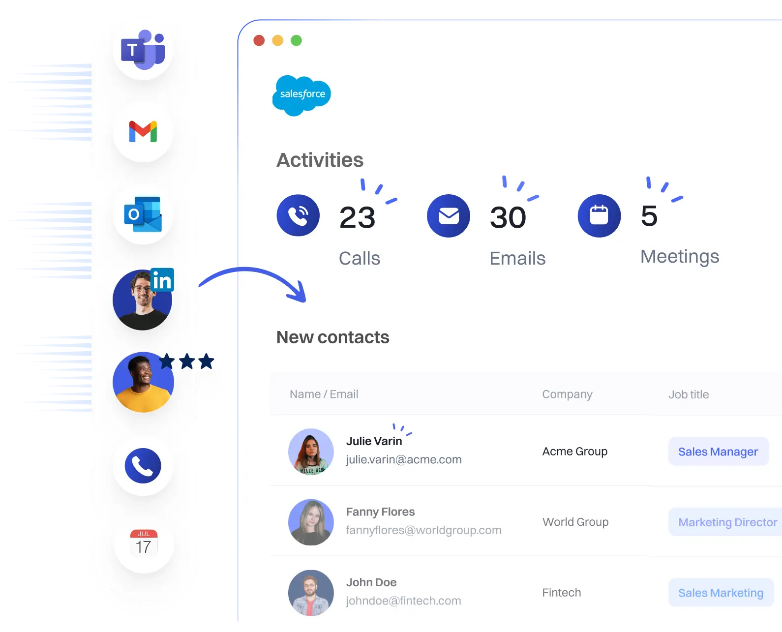 EverReady screenshot: EverReady Connect automatically captures and enriches contacts from email signatures and syncs Gmail and Outlook activities into your CRM.