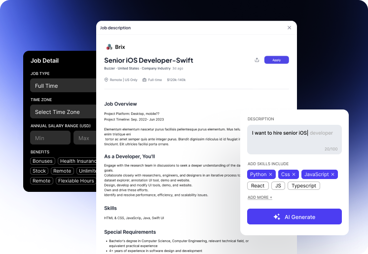 Brix screenshot: AI-Driven lightning fast job description creation:
Generate a comprehensive job description through conversation with Brix AI! Say goodbye to time-consuming manual processes.

