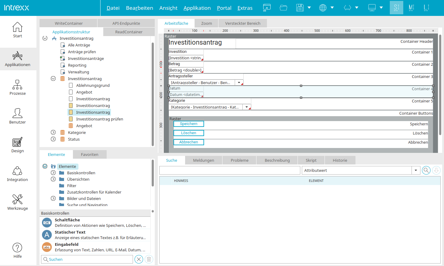 Intrexx screenshot: Access developed components such as text fields, dropdowns, checkboxes or date selection fields or develop your own fields. Then simply integrate them into your application using drag-and-drop and fully customize them to your CI.