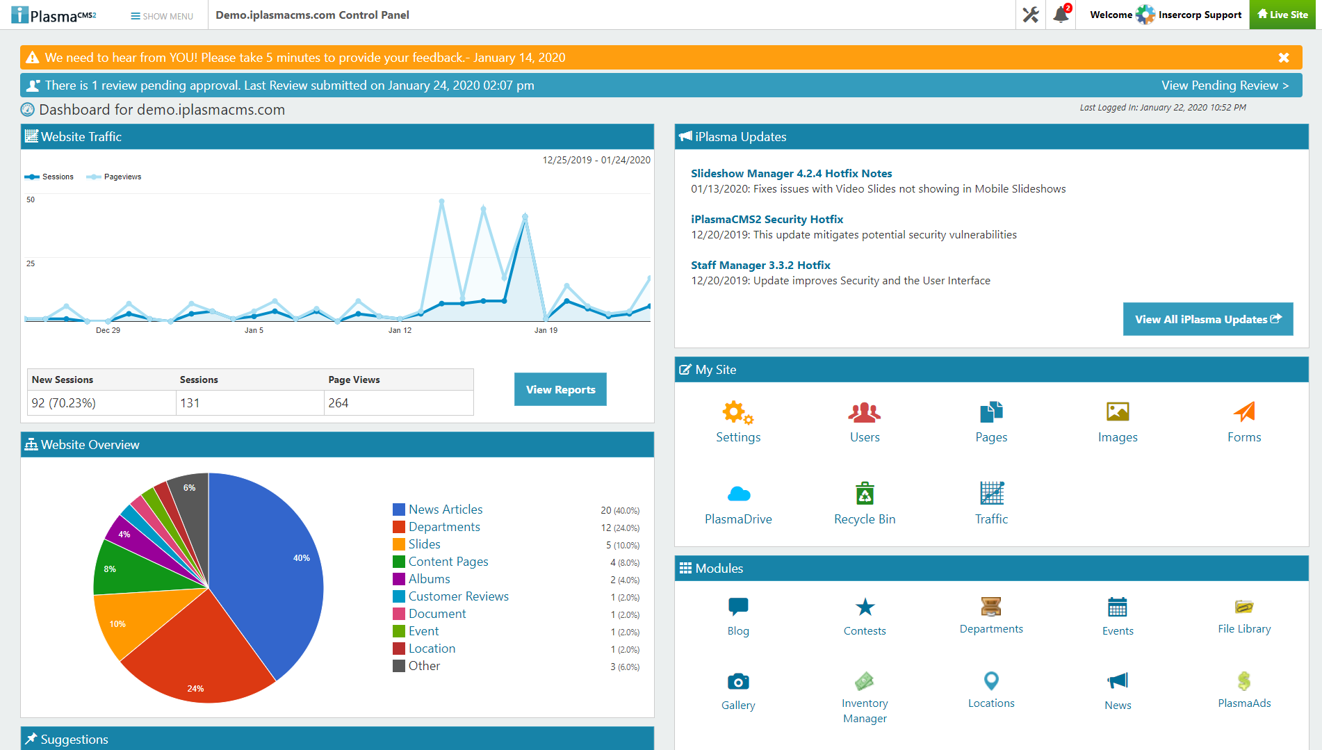 iPlasmaCMS2 Software - iPlasmaCMS2 version 8.5 Dashboard