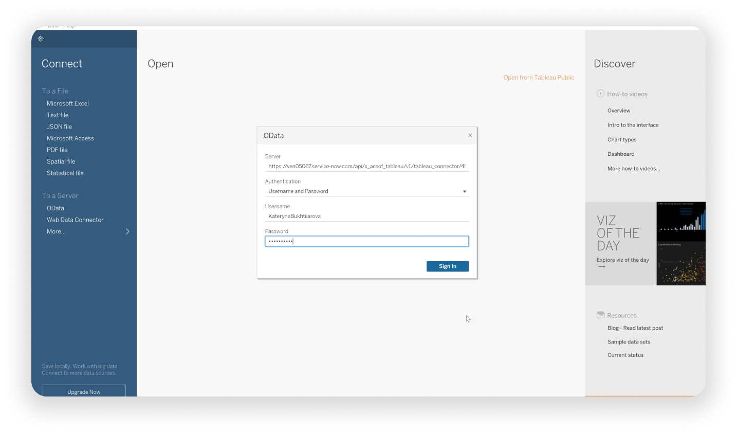 Tableau Connector for ServiceNow: OData Feed URL