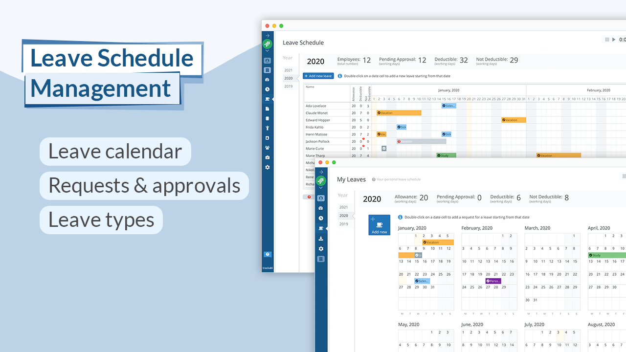 Employee leave management integrated with timesheets: Personal day-off calendar for every employee and a common leave schedule with the request/approval process.