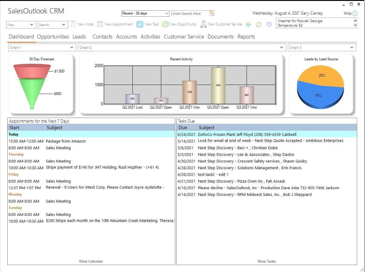 SalesOutlook CRM Software - Outlook CRM Dashboard. See your week at a glance. FInd items you have been recently working on. Create new items all within the Outlook interface.