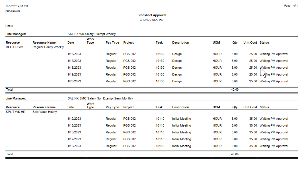 Progressus Software - Progressus Timesheet Approval Report