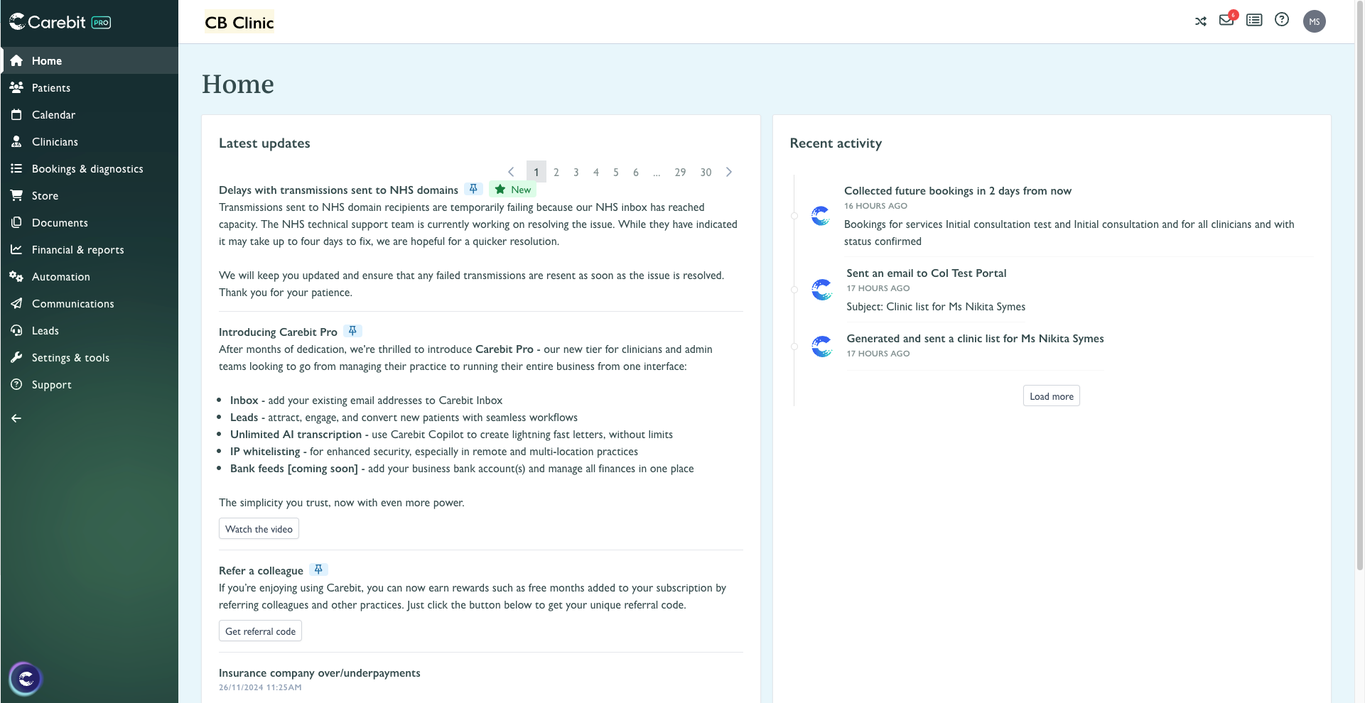 Carebit screenshot: Homepage - Carebit Pro branding