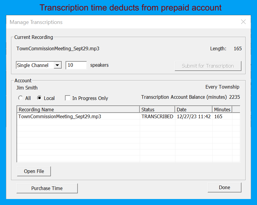 SoniClear Cloud Transcription deduction of transcription time