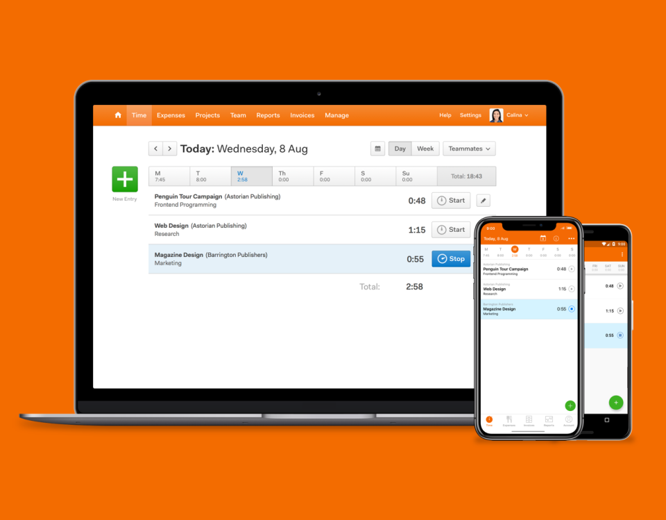 Easily track time to different clients, projects, and tasks from all your devices.