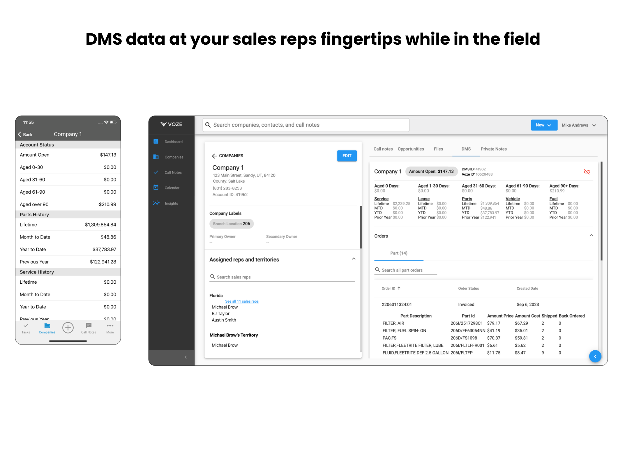 We've partnered with Karmak and Procede to provide DMS data on mobile to your reps in the field. Have access to historical sales data by account at your fingertips.