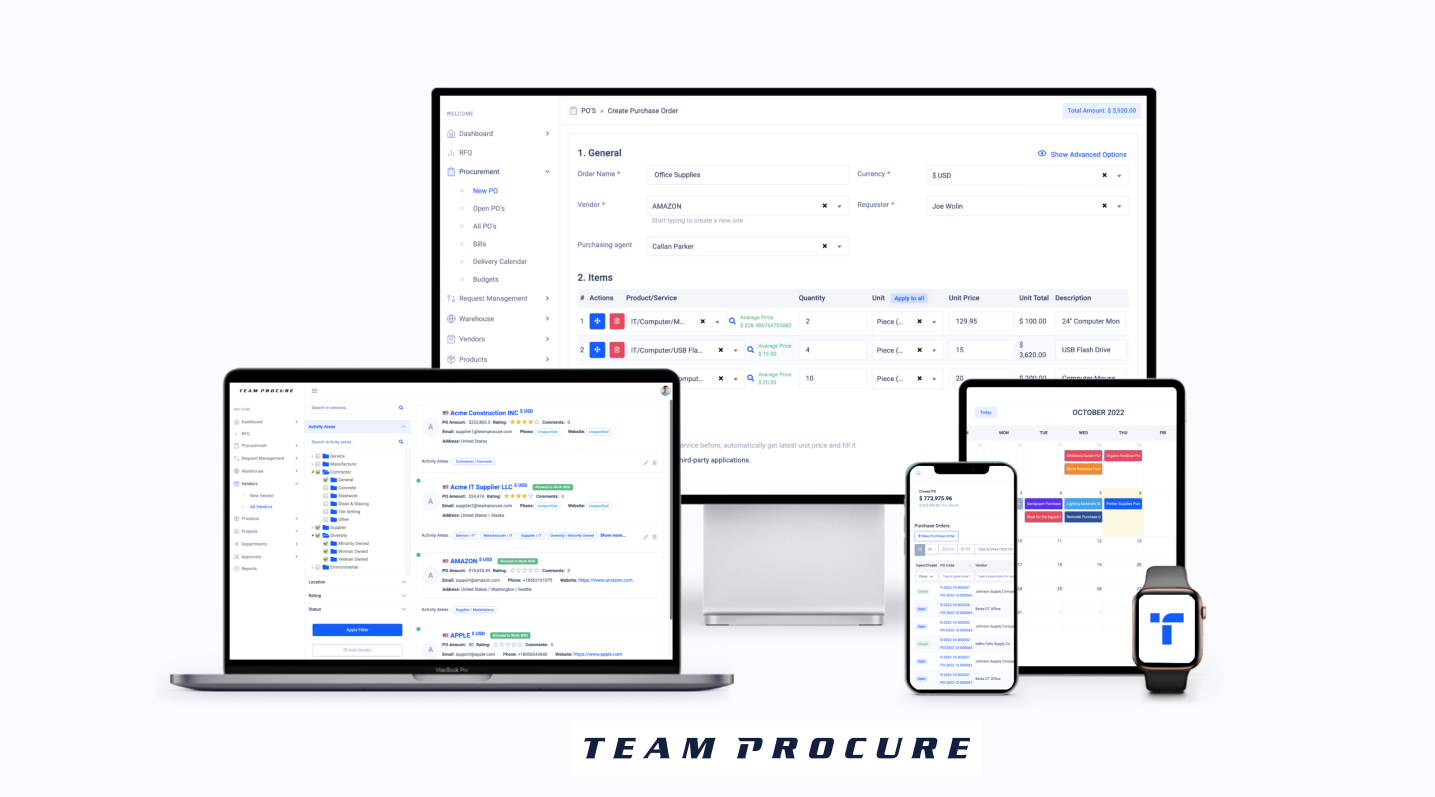 Team Procure is a cloud-based procurement suite that makes it easy to manage your approvals, purchase orders, suppliers, and inventory all from a single platform.