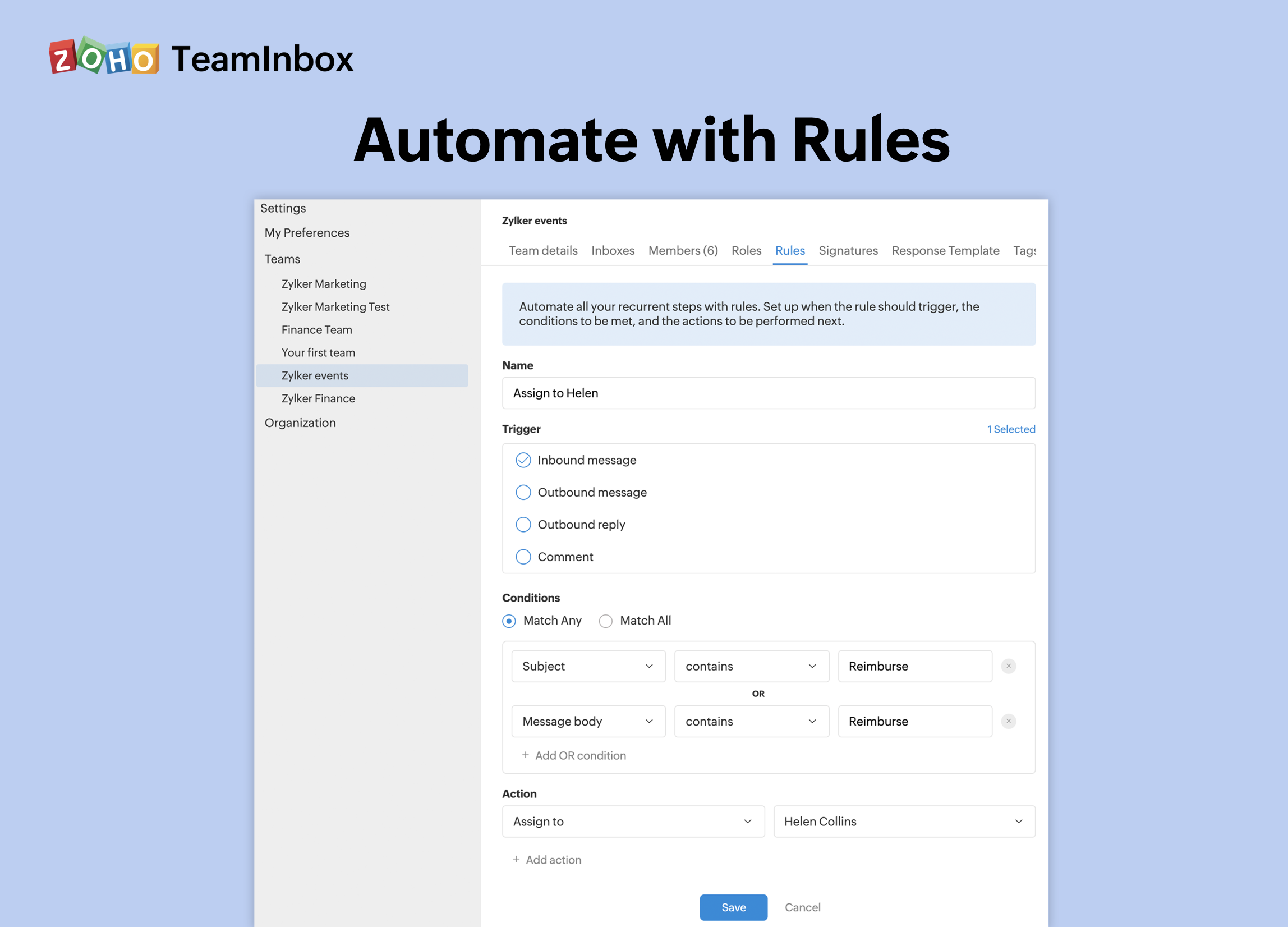 Zoho TeamInbox rule automation