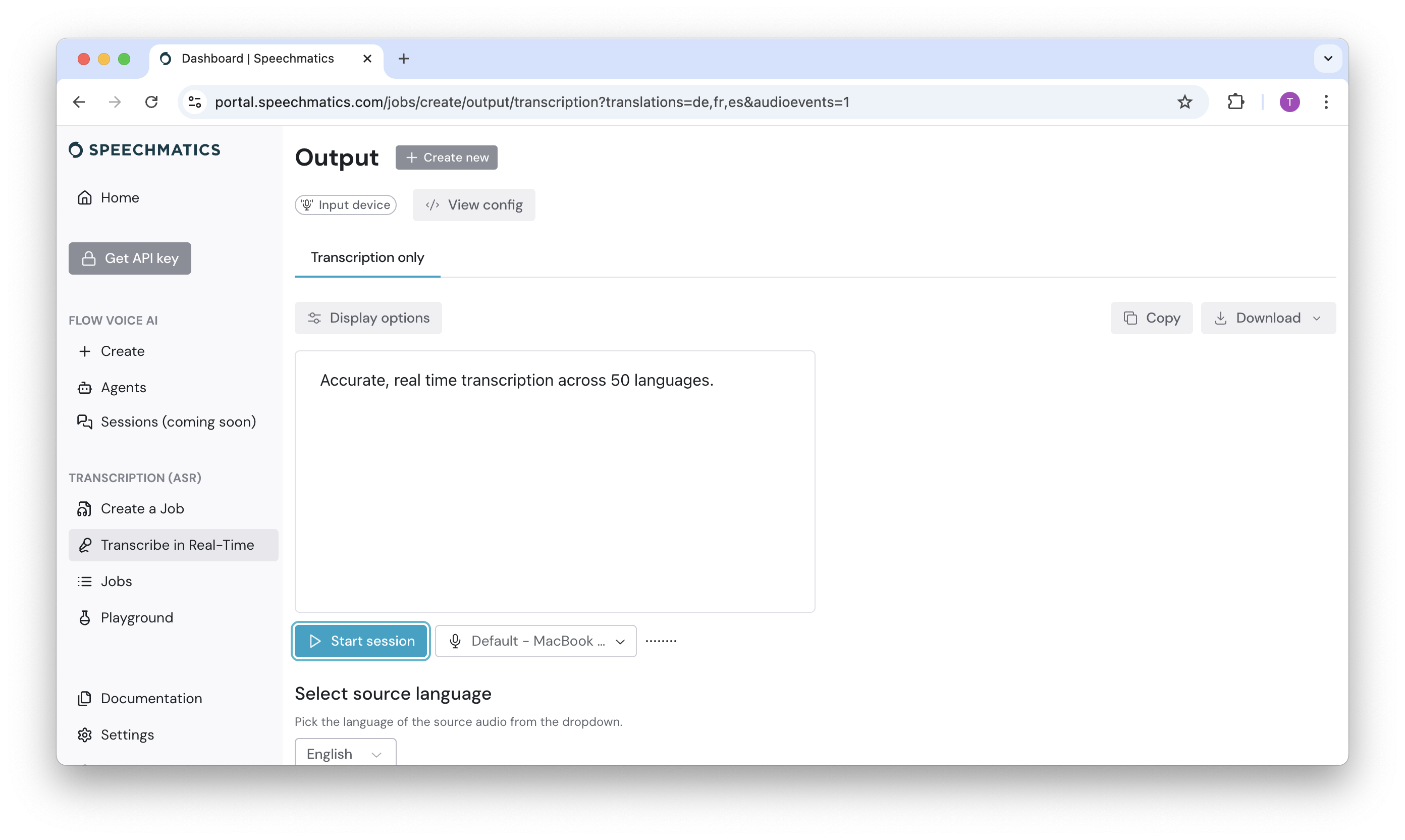 Speechmatics screenshot: Transcribe Audio in Real-Time.
Speechmatics supports real-time transcription of live audio. Once a configuration is setup, use your microphone to send audio, receiving transcription output with minimal latency.