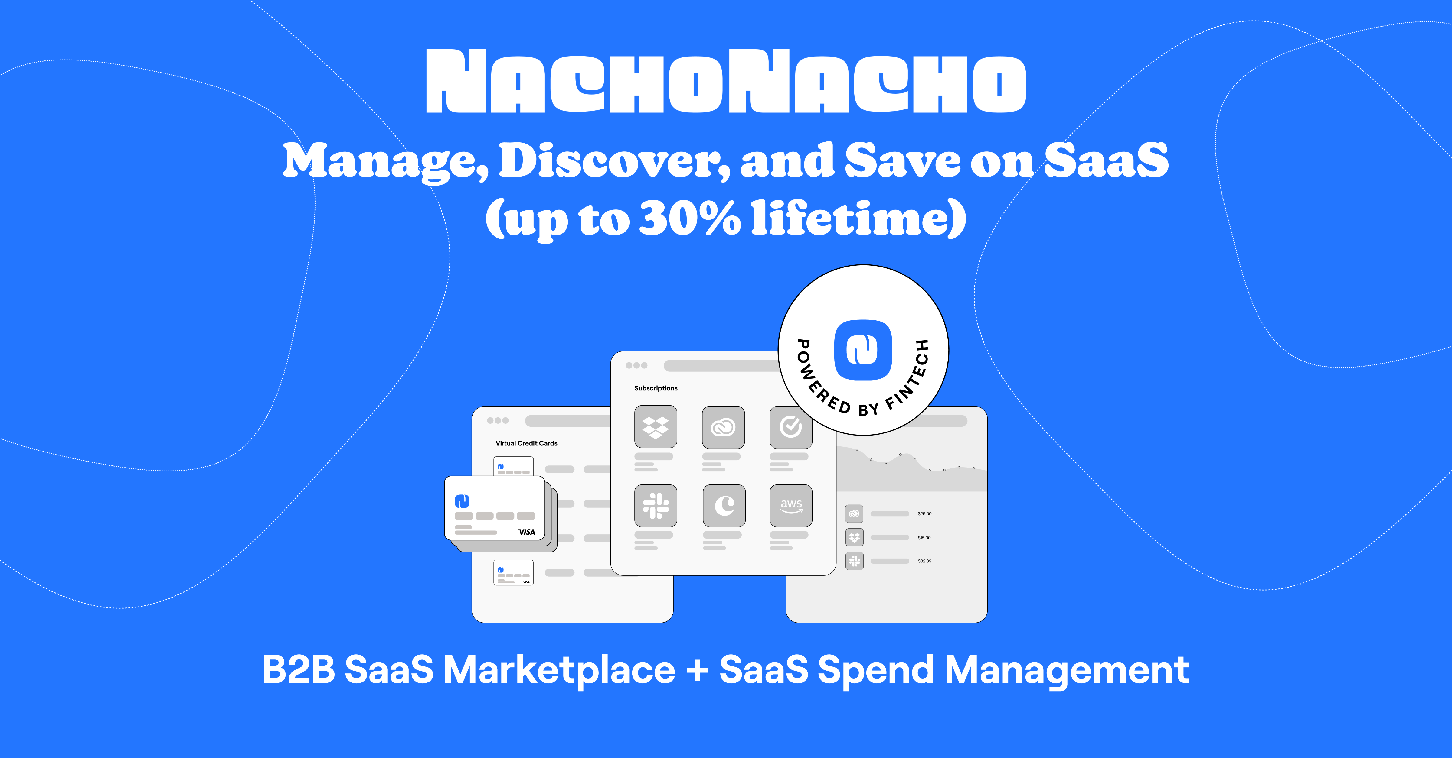NachoNacho screenshot: B2B SaaS Marketplace + SaaS Spend Management. Manage, Discover, and Save on SaaS (up to 30% lifetime).