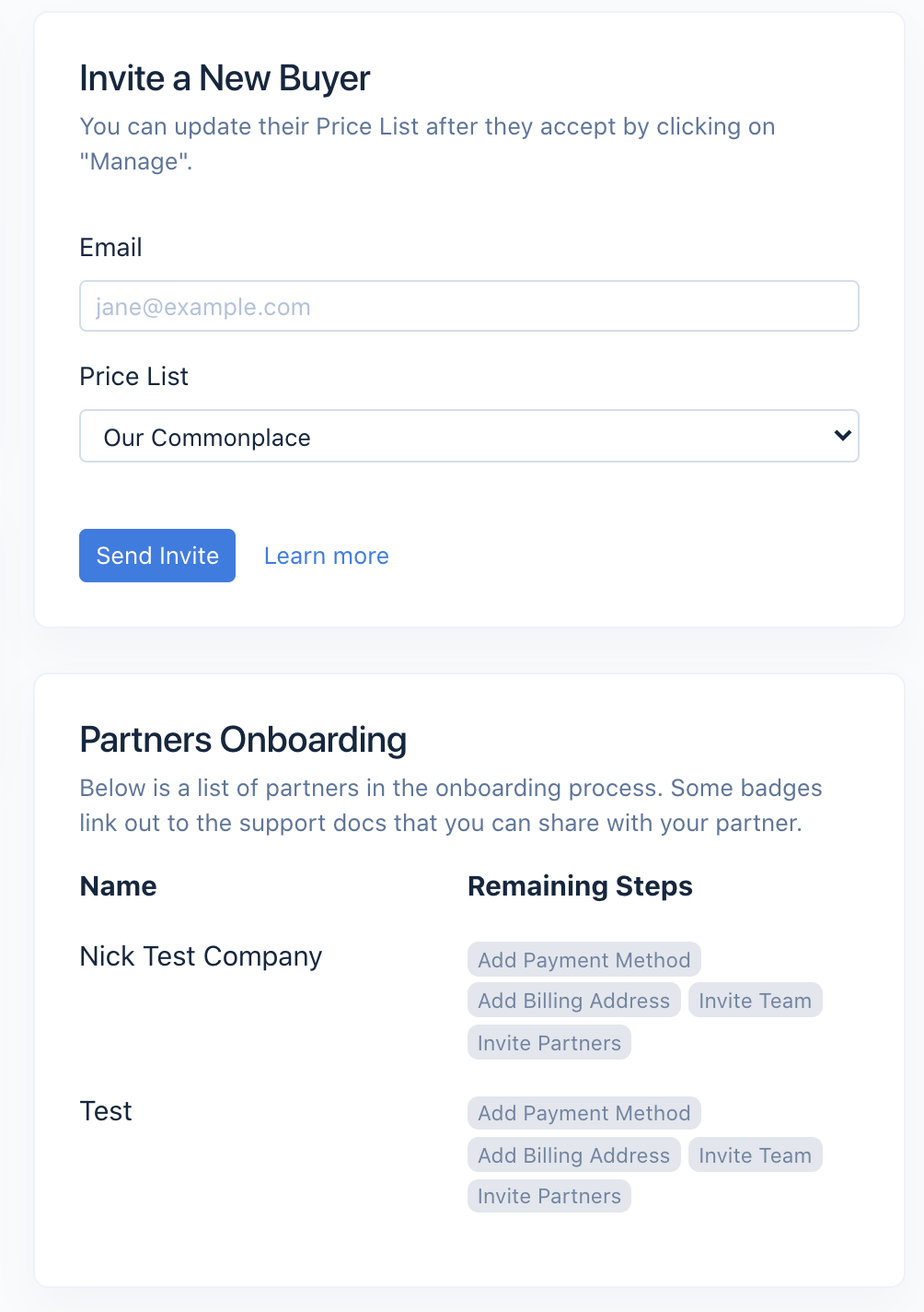 Invite partners to start trading with a single email. Track their progress through your onboarding funnel and keep everyone on track.