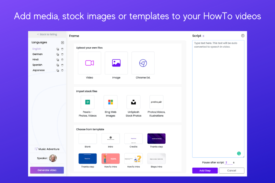 WowTo Software - Bring your own images/screenshots or choose from the inbuilt library if stock images and videos