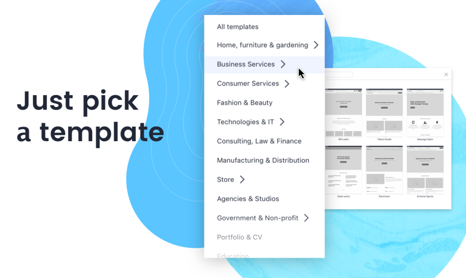 Draftium  screenshot: Users can find and select a template to create their website prototype