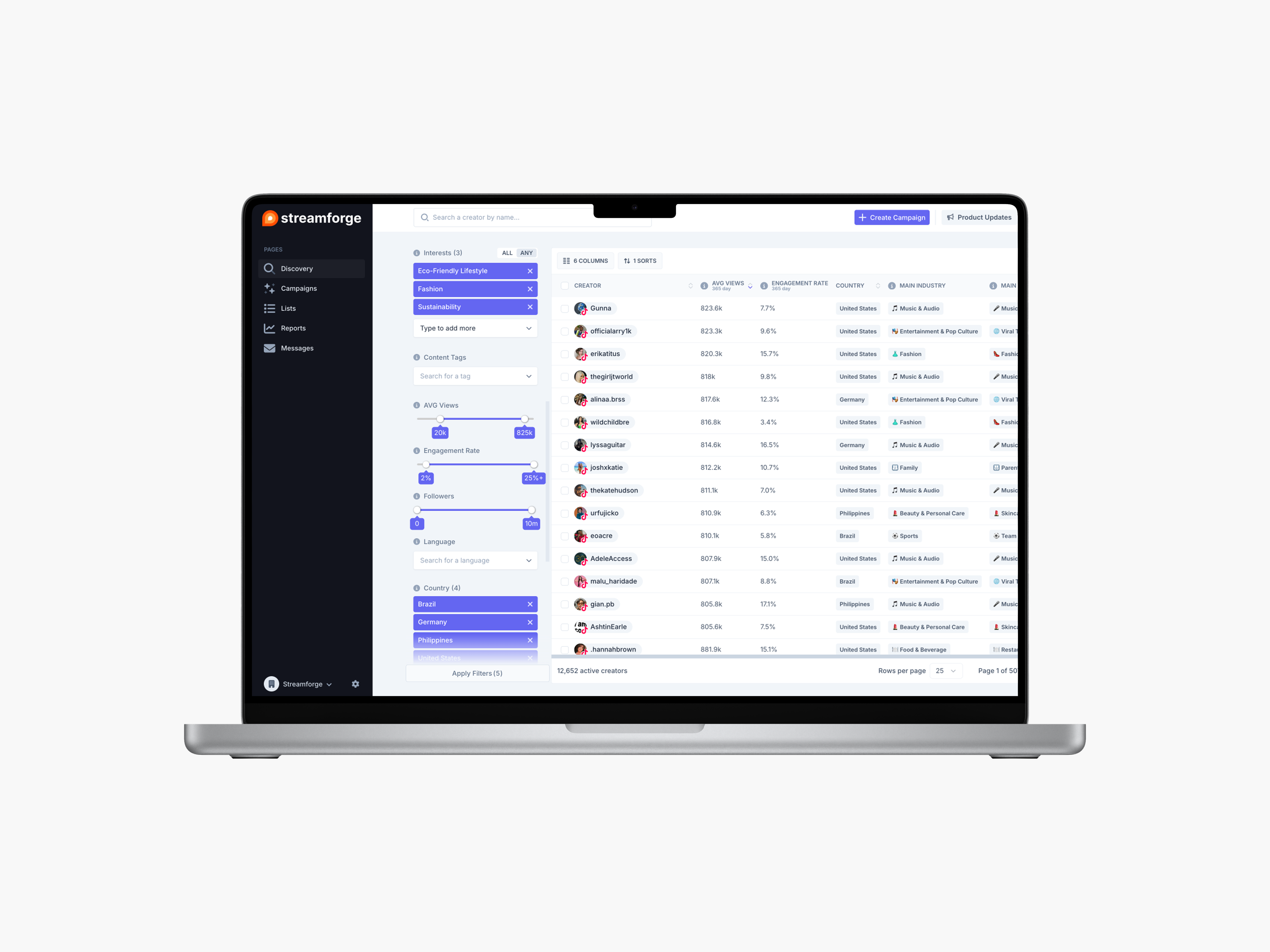 Streamforge screenshot: Streamforge influencer discovery