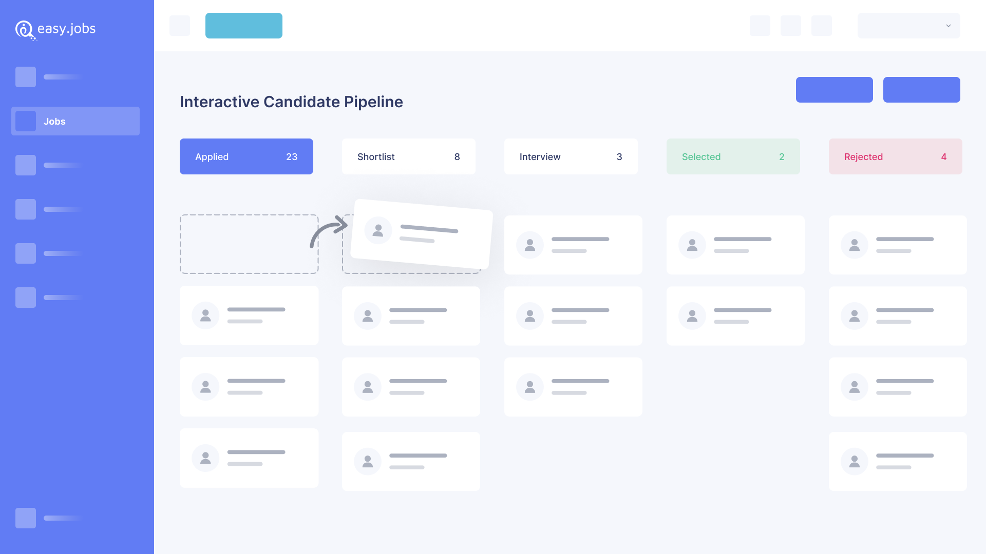 easy.jobs screenshot: easy.jobs comes built-in with a structured candidate pipeline which allows companies to manage candidates through different recruitment levels seamlessly. You can create a new pipeline, customize it, delete it, or reset it and also drag & drop candidates.