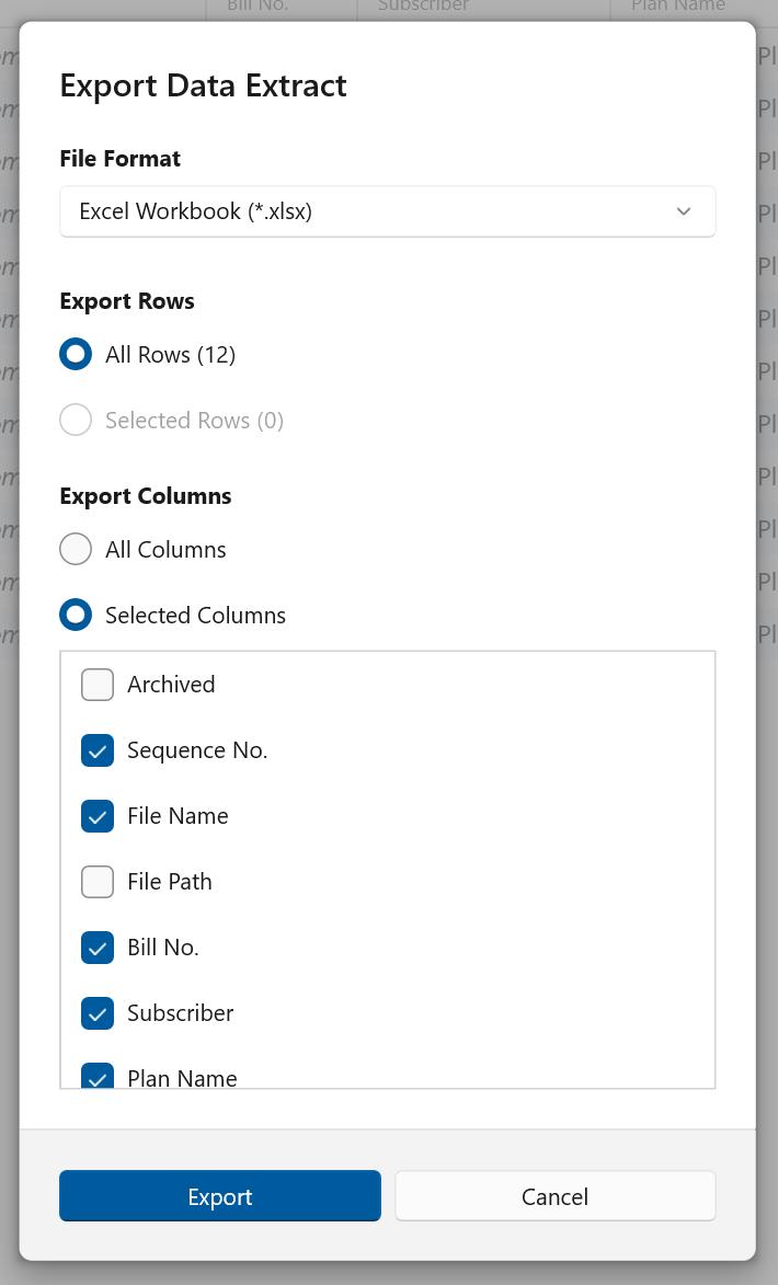Easily export your choice of captured data rows and columns to Excel or CSV