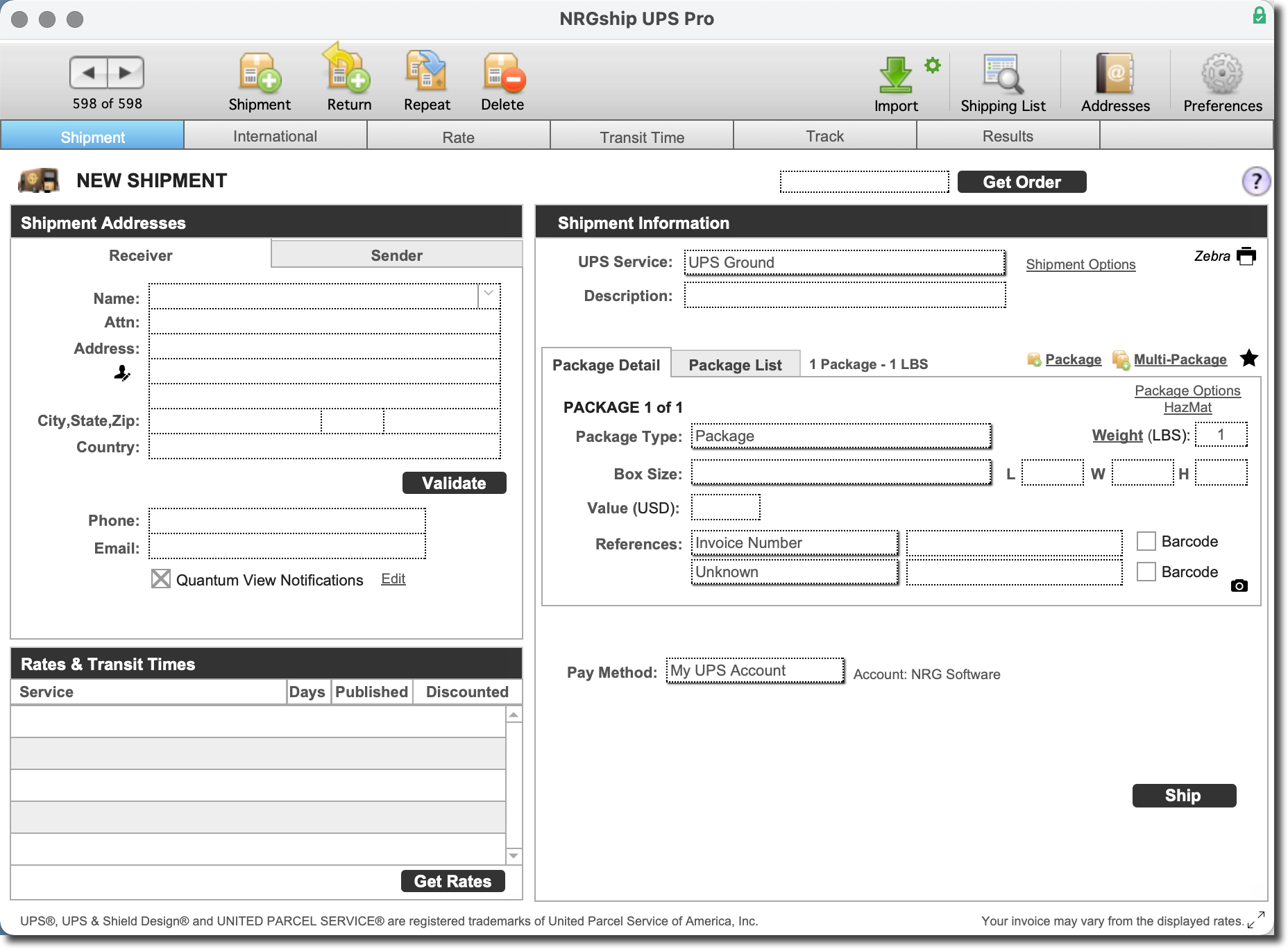 NRGship Pro for UPS screenshot: Main shipping entry