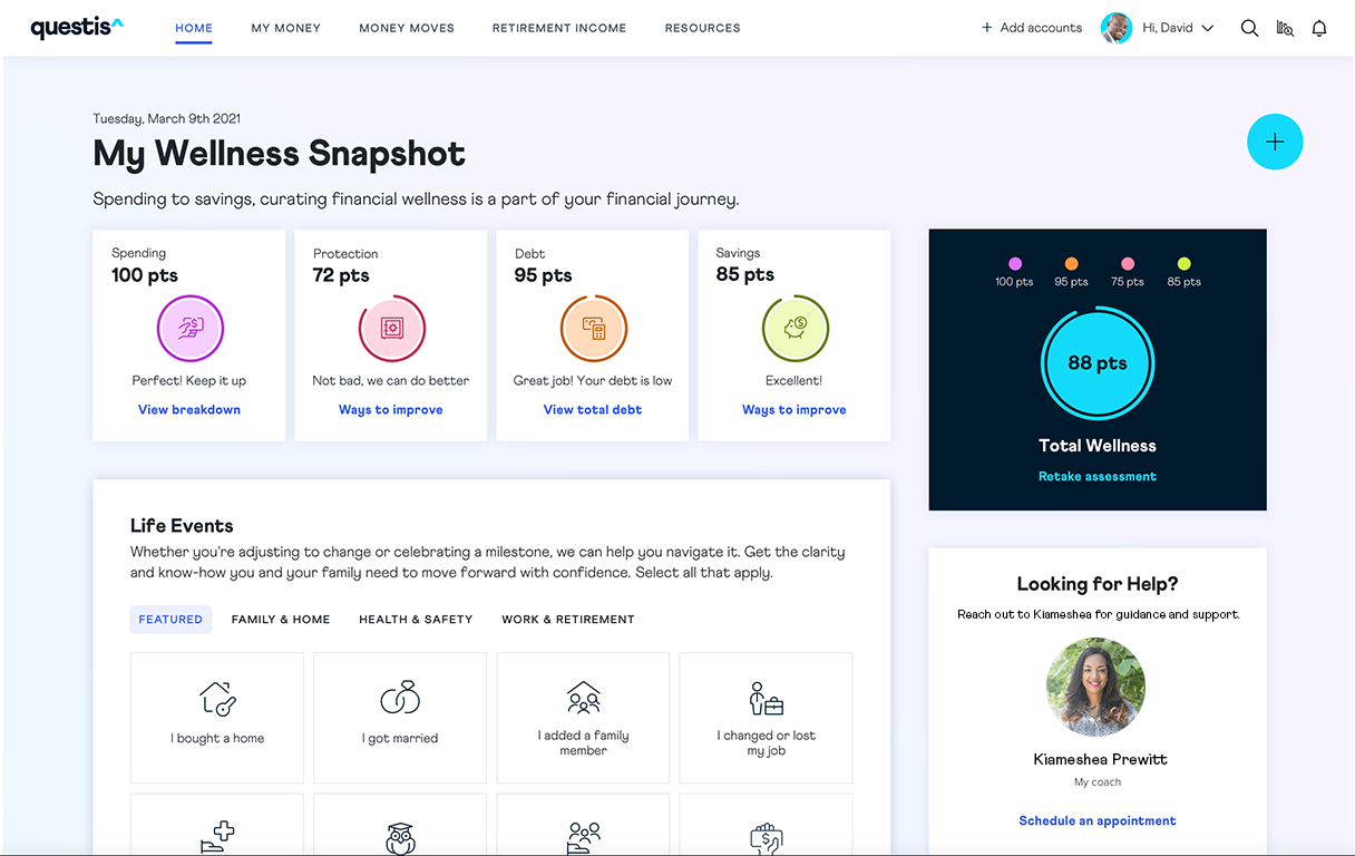 The Questis Dashboard, or My Wellness Snapshot, is where users can see a holistic view of their financial life.