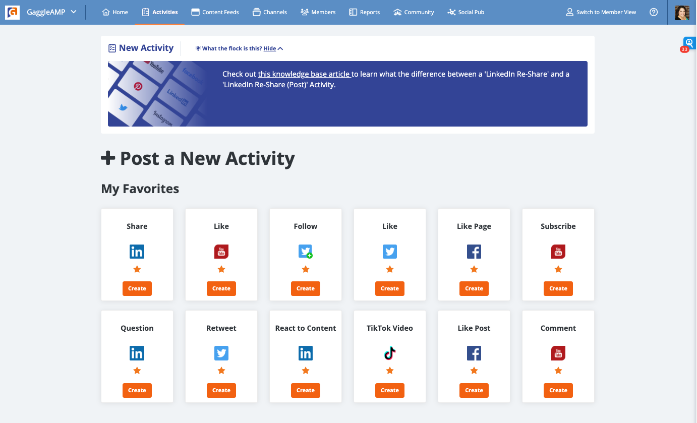GaggleAMP screenshot: The GaggleAMP New Activity Dashboard for Managers