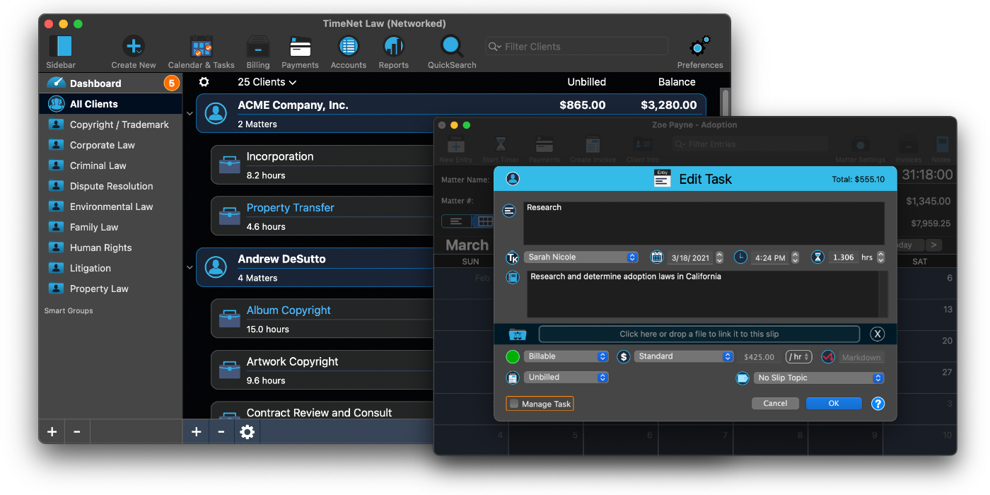 TimeNet Law screenshot: TimeNet Law main window, matter window and task entry