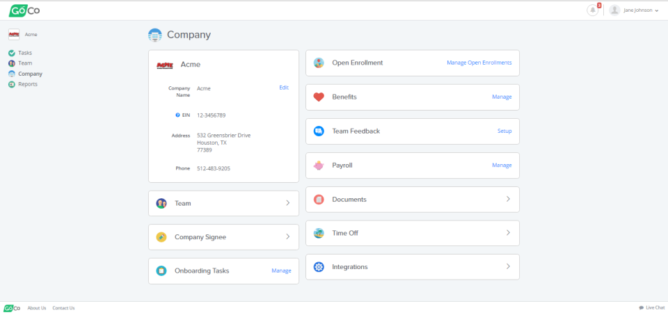 Access tasks, reports and team and company information from the GoCo main dashboard