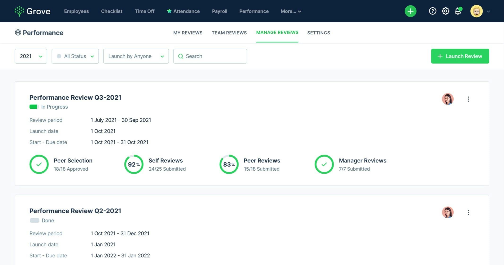 Grove HR Software - Performance review dashboard