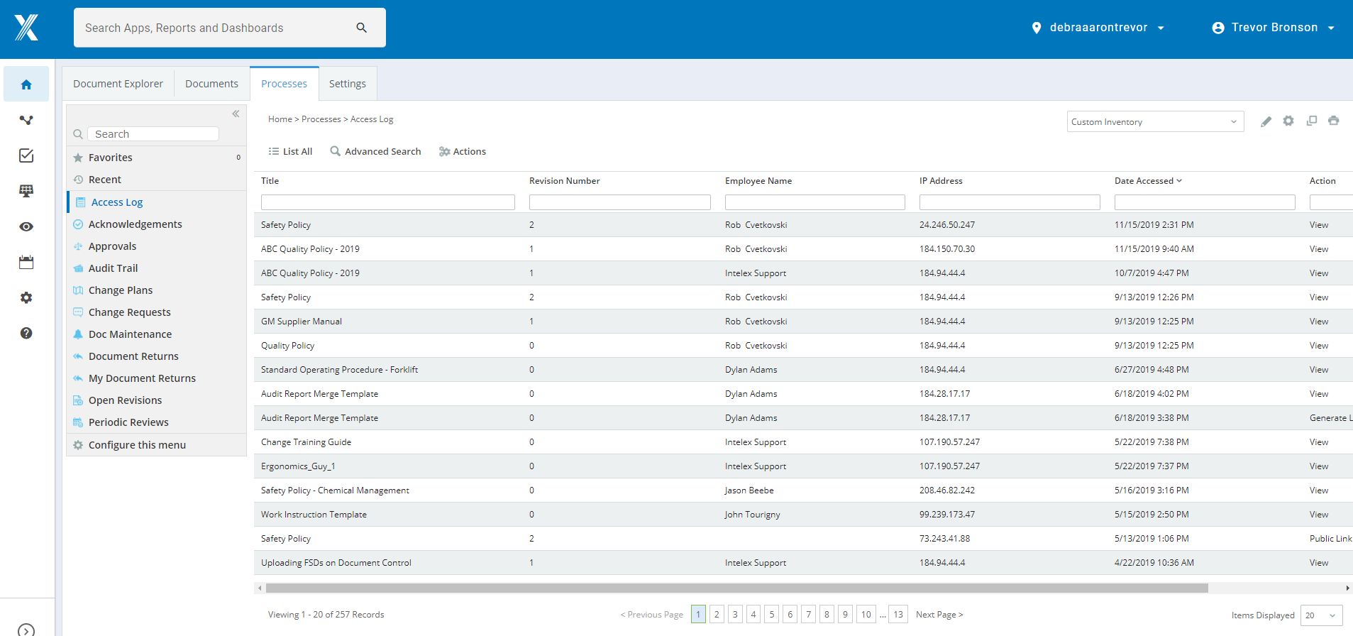 Intelex Document Control Software Software - Document Access Log