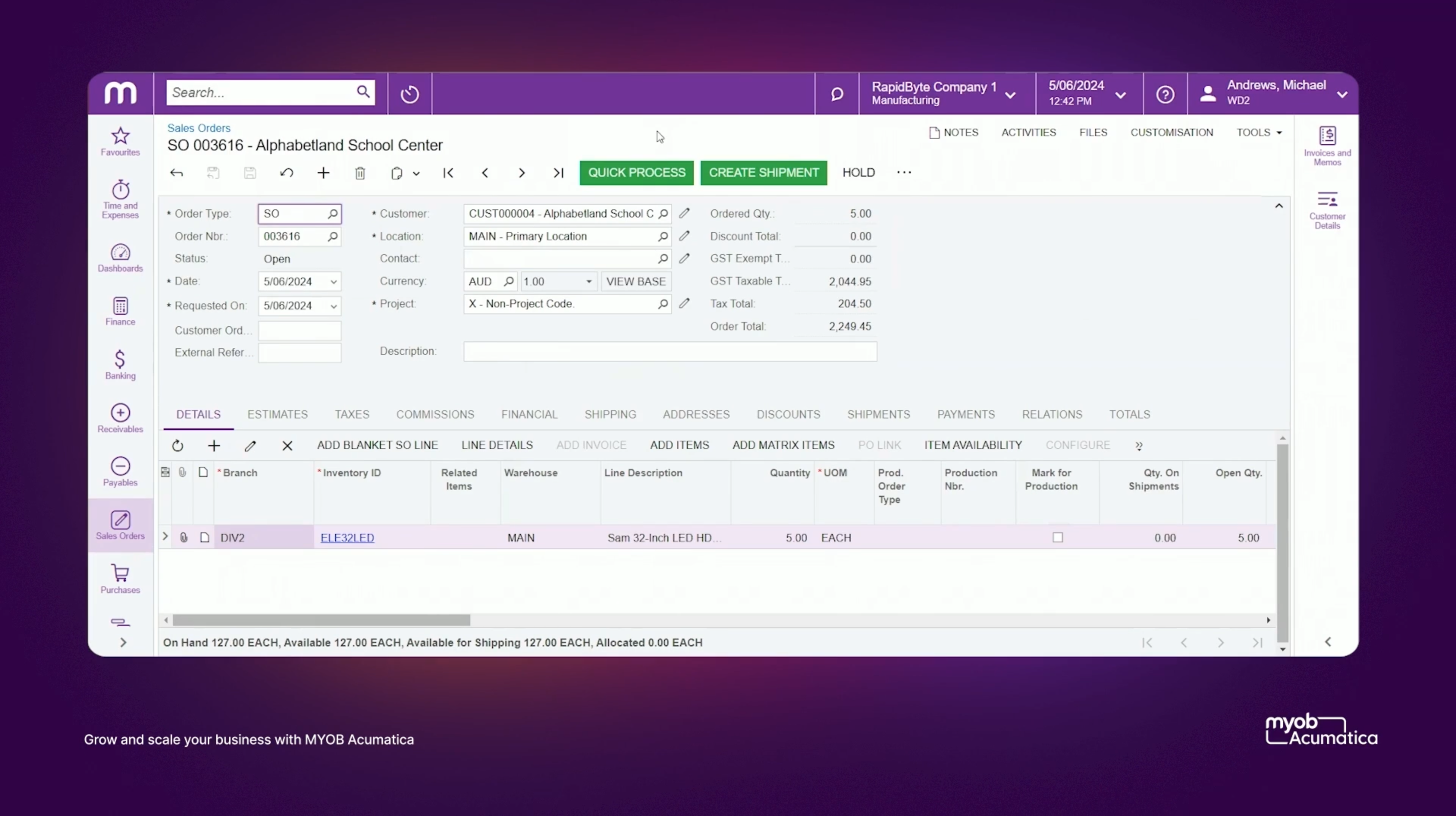 MYOB Acumatica Software - Sales orders.