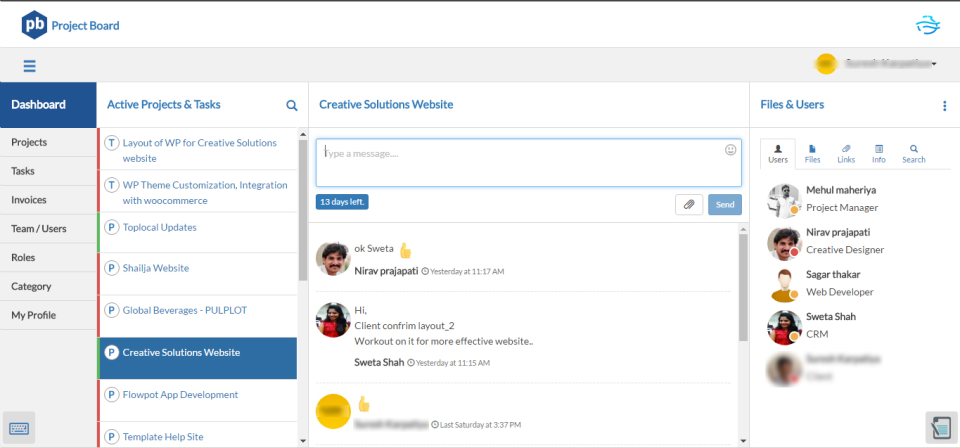 Project Board screenshot: The dashboard gives users an overview of active projects and tasks