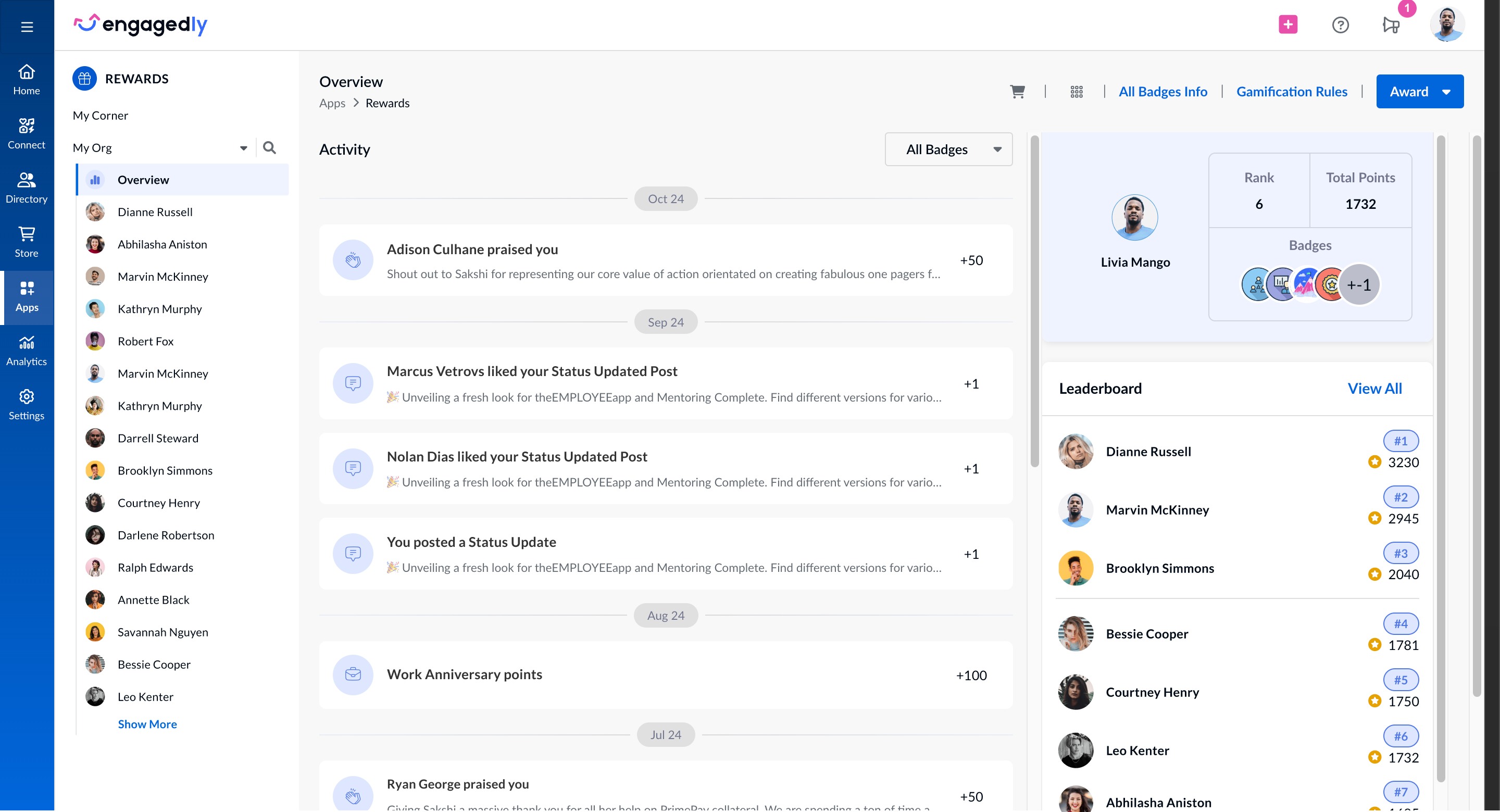 Engagedly Software - Engagedly Rewards Activity Overview and Leaderboard