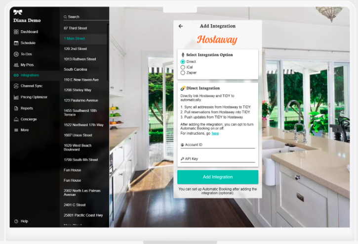 TIDY <> Hostaway direct integration page - Desktop View