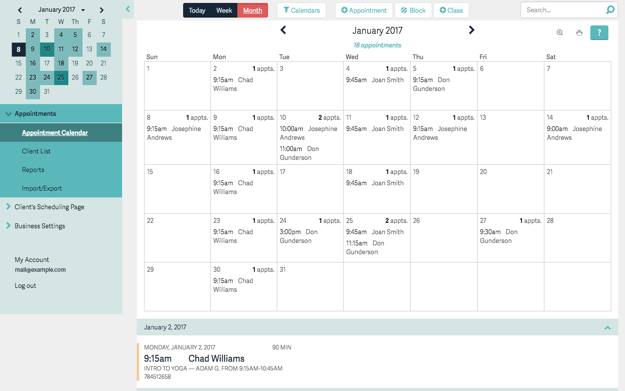 View and manage appointments on a color-coded calendar, with day, week and month views