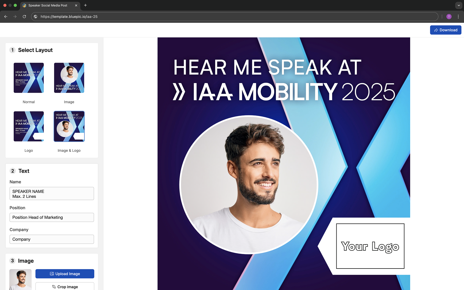 Bluepic screenshot: Create a graphic generator that matches your brand design and offer your users a simple and secure editing workflow that allows them to customise it to their personal needs.