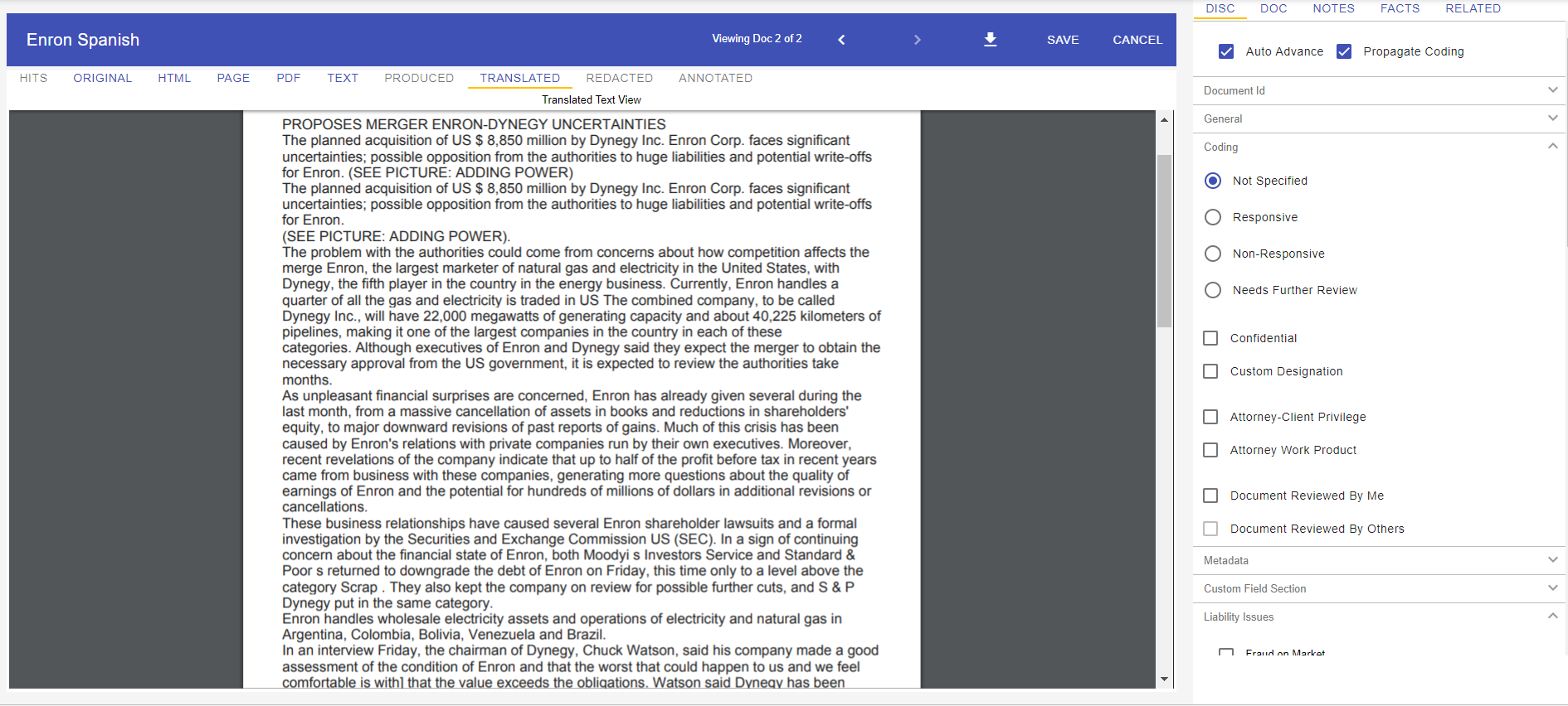 This is a Spanish language document in the Translated View tab in the Lexbe eDiscovery Platform. Lexbe machine translation supports over 100 languages and enables you to search in both languages to find the evidence for your case.