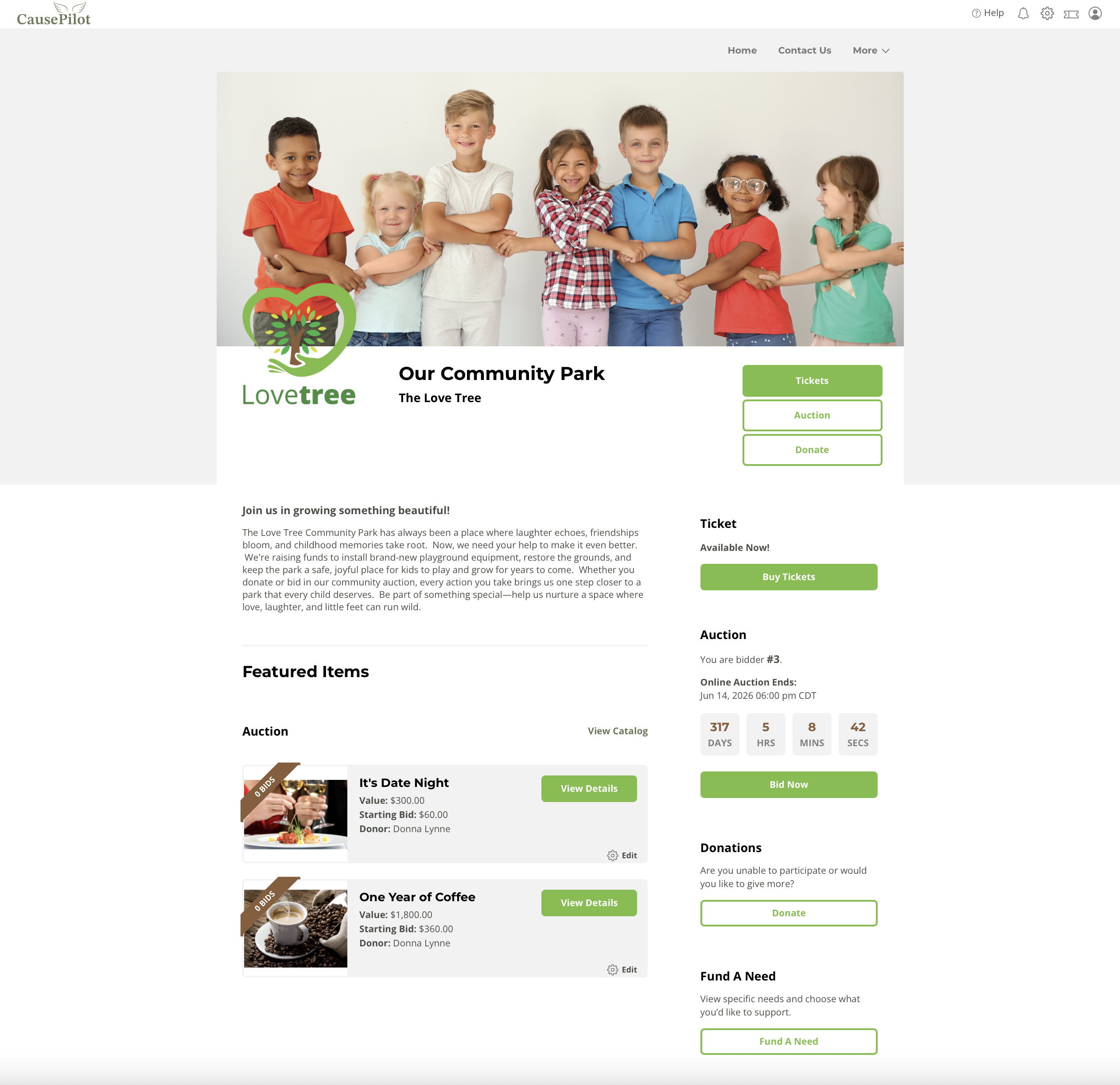 CausePilot screenshot: FUNDRAISER LANDING PAGE
A beautiful, fully-branded landing page where supporters can buy tickets, bid in auctions, donate, and learn the story behind your cause—all in one engaging and easy-to-navigate space.