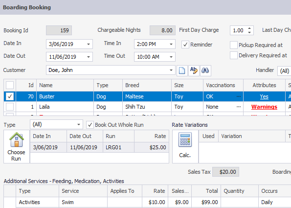 PetLinx Software - Add details of any specific activities, feeding, and medications to a boarding booking and have the charges automatically calculated.