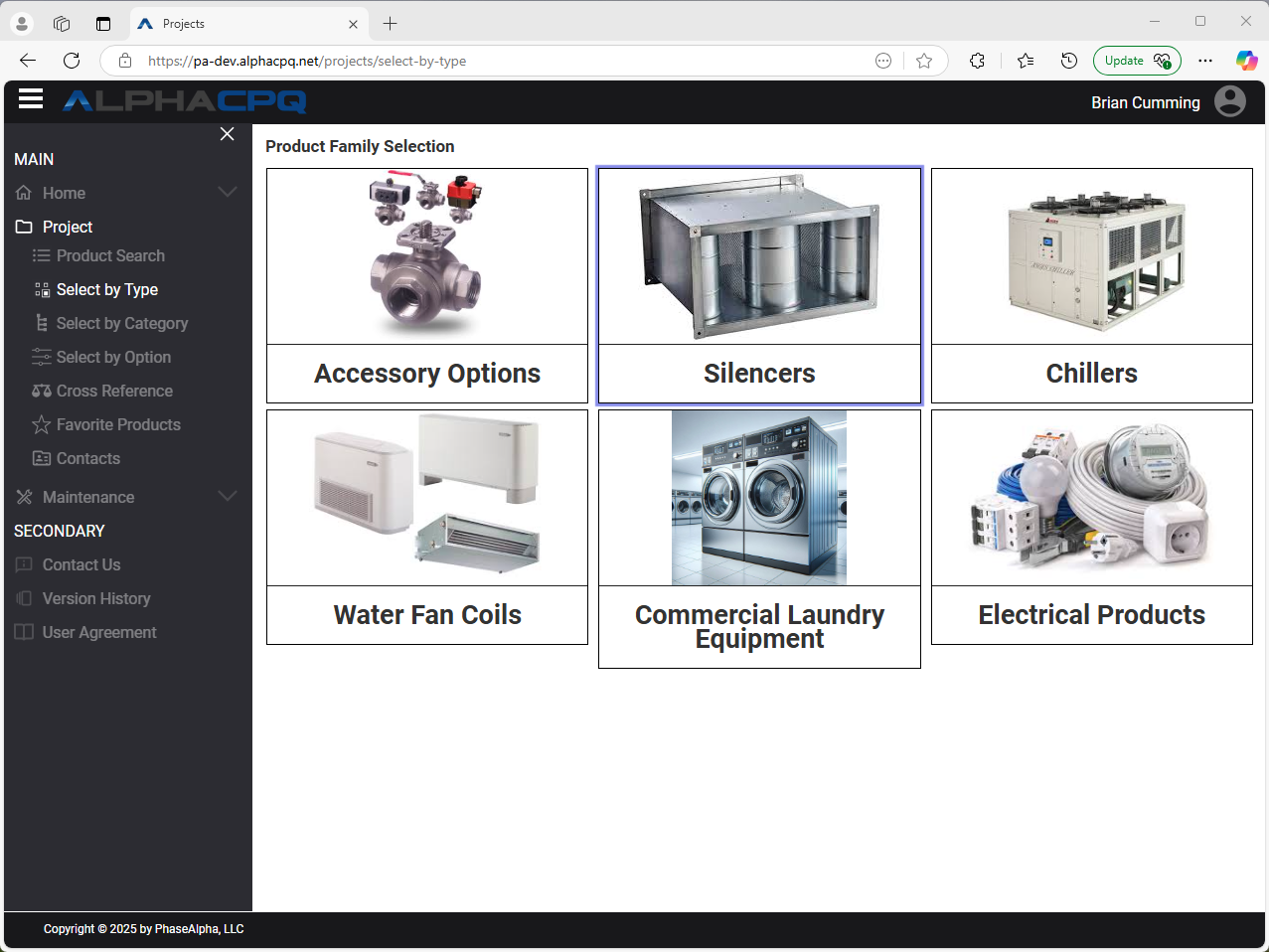 AlphaCPQ screenshot: AlphaCPQ product family selction