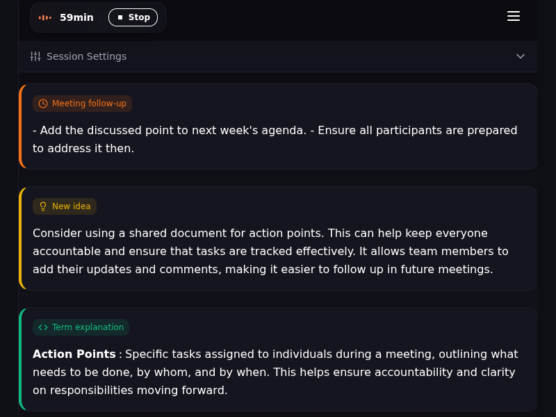 LiveSuggest screenshot: LiveSuggest session settings