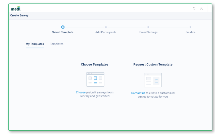 Mercer Mettl 360View screenshot: Choose a template from mettl's pre-built survey template library, then add participants individually or in bulk