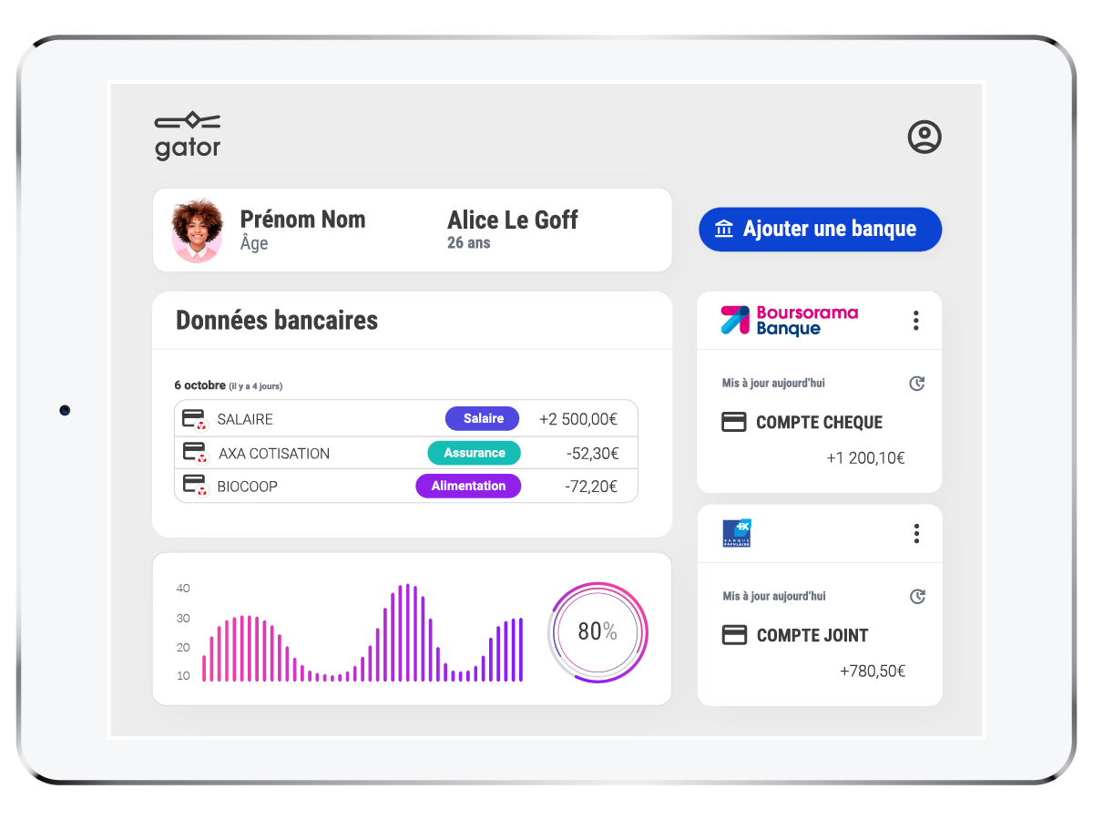 gator screenshot: Support your customers in managing their finances and monitoring their budget to get as close as possible to their daily needs and strengthen your customer relationships in order to build better loyalty.