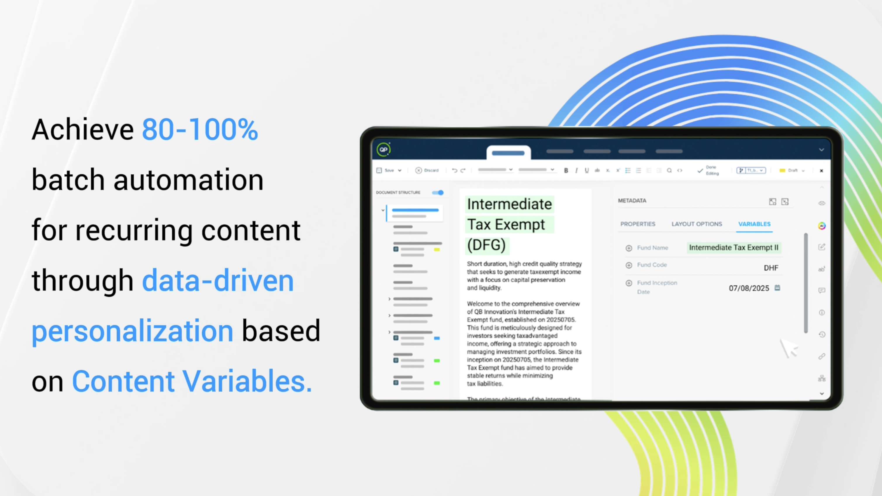 Quark Publishing Platform screenshot: Achieve 80-100% Batch Automation for Recurring Content Through Data-Driven Personalization