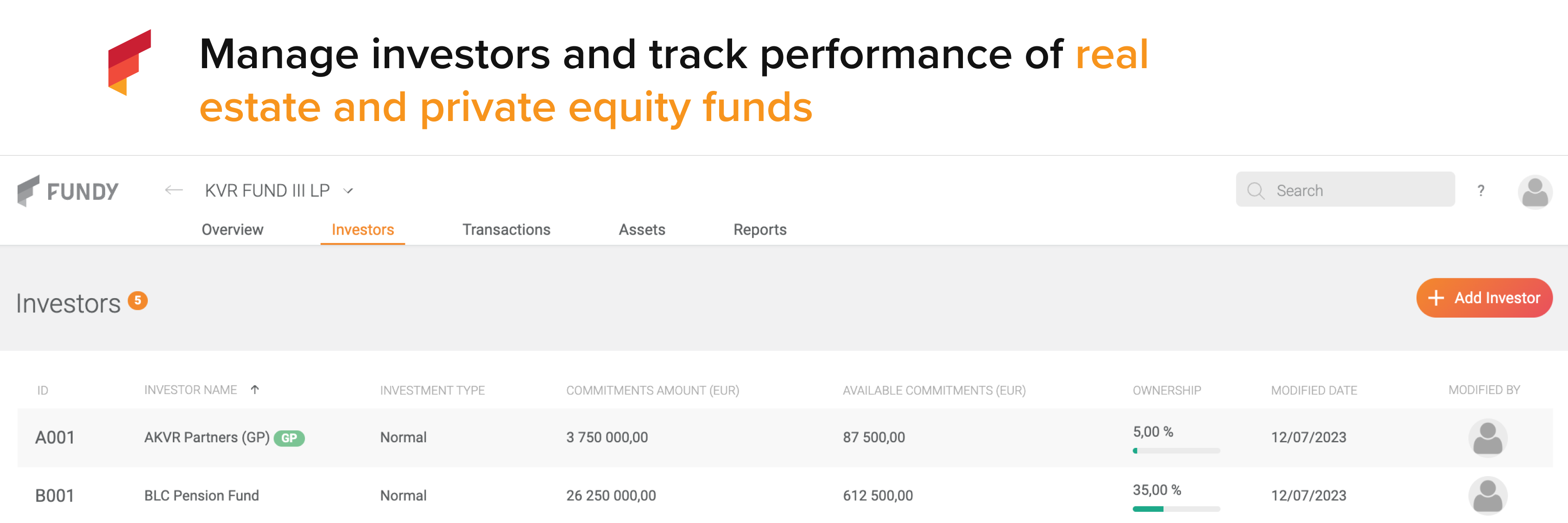 Fundy screenshot: Manage investors and track performance of real estate and private equity funds